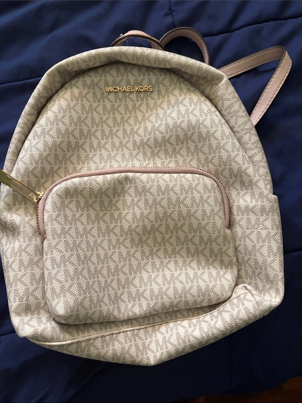 Michael Kors Beige Logo Backpack with Pale Pink Trim
